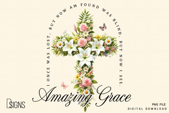 Christian Amazing Grace Flowers Cross T-Shirt Designs
